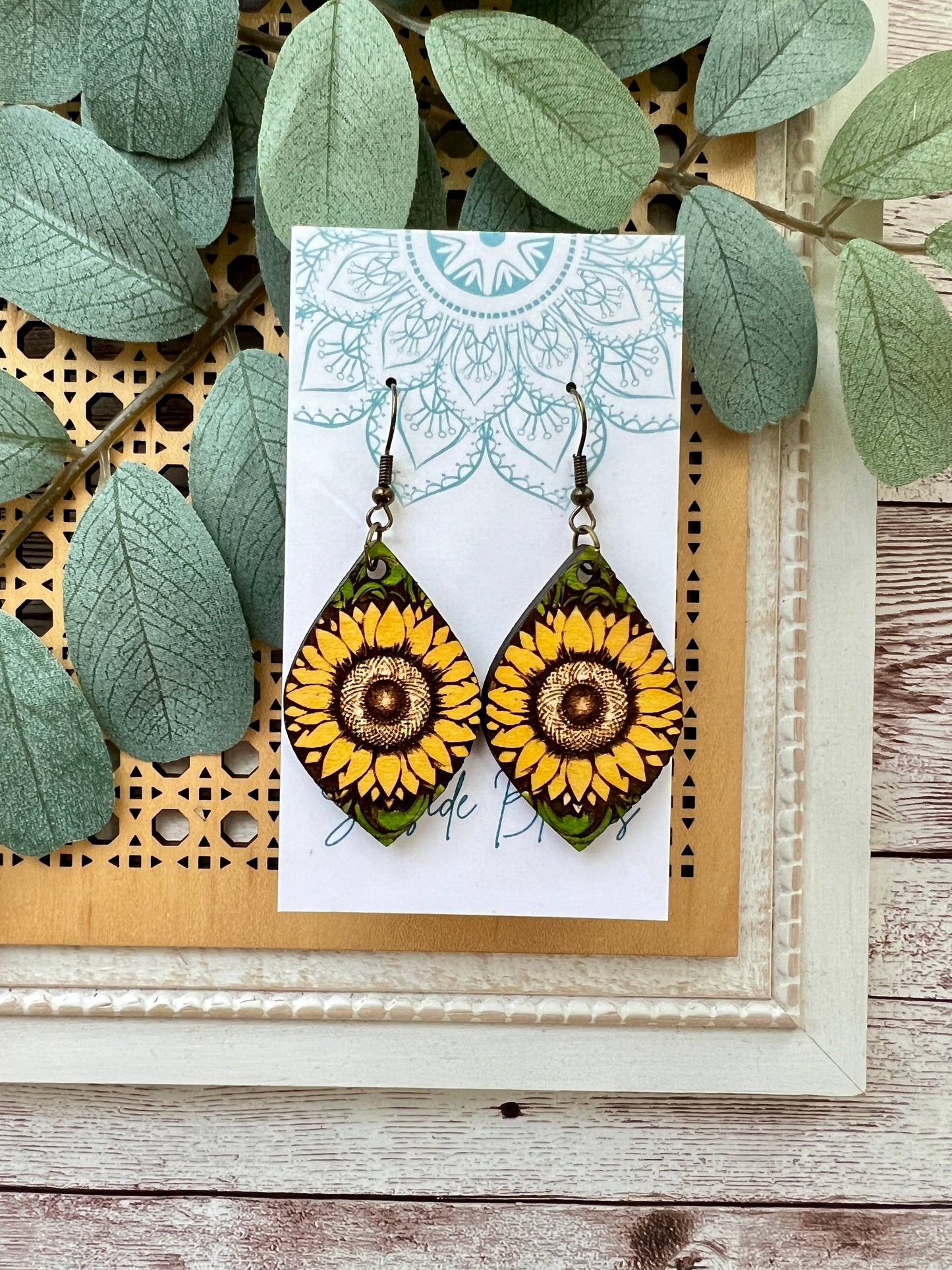 Boho sunflower hand painted light weight maple wood earrings