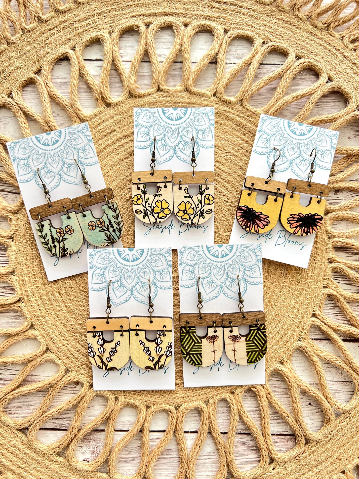 Boho hand painted lightweight flower maple wood earrings Jewelry