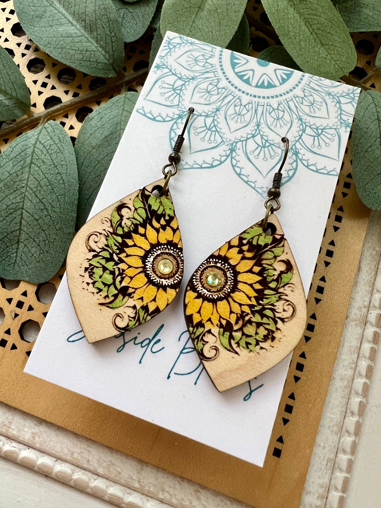 Boho sunflower hand painted light weight maple wood earrings