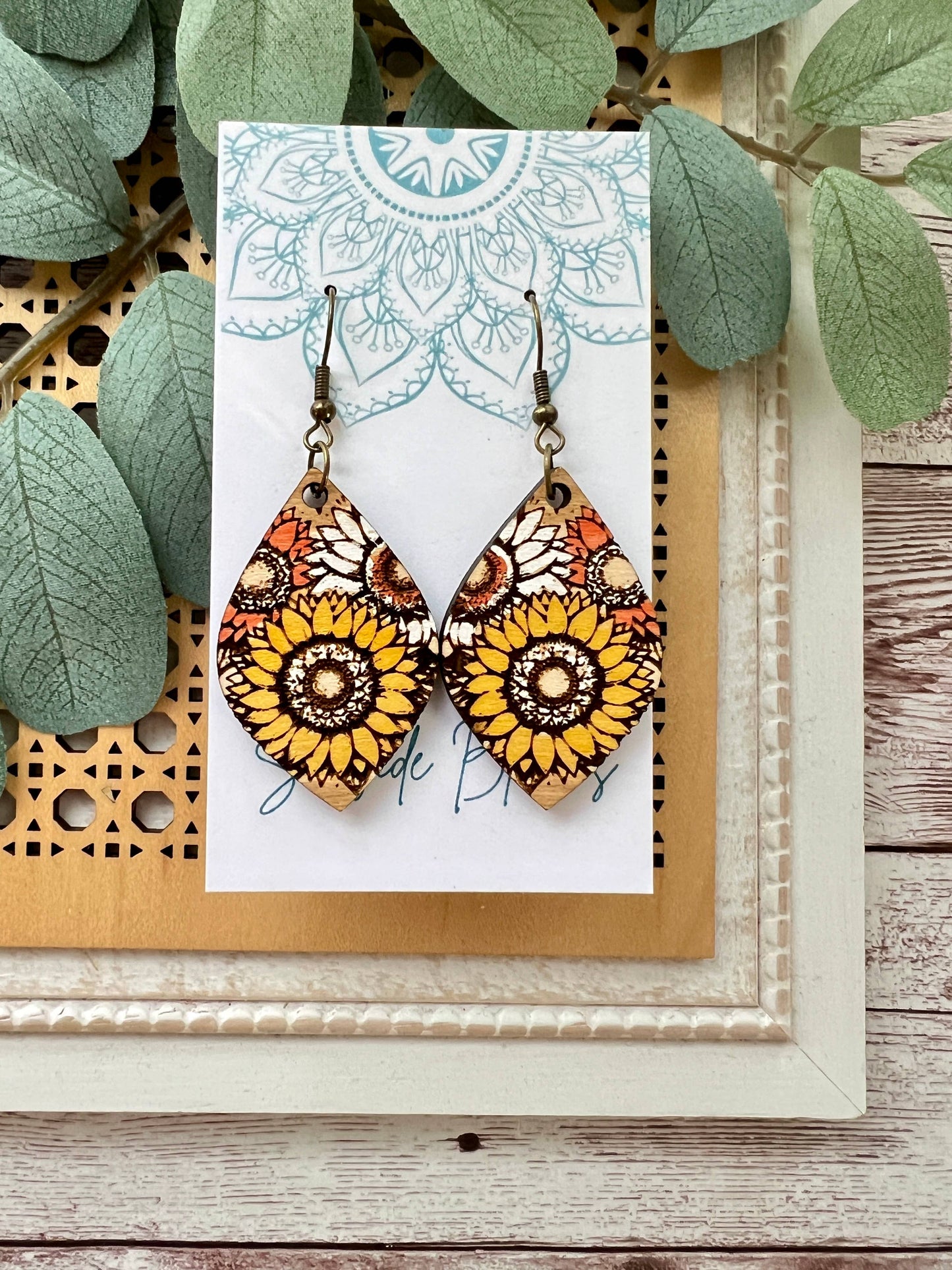 Boho sunflower hand painted light weight maple wood earrings