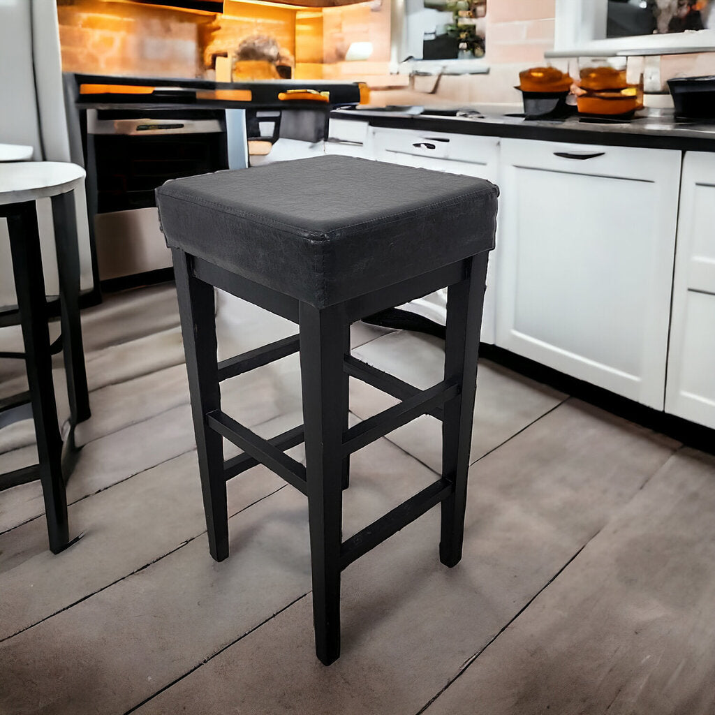 Black Vegan Leather and Wood Upholstered Barstool
