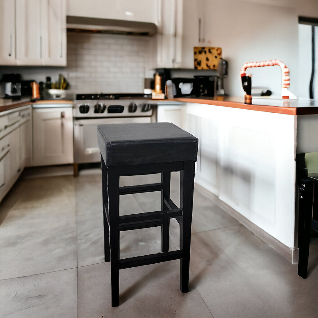 Black Vegan Leather and Wood Upholstered Barstool