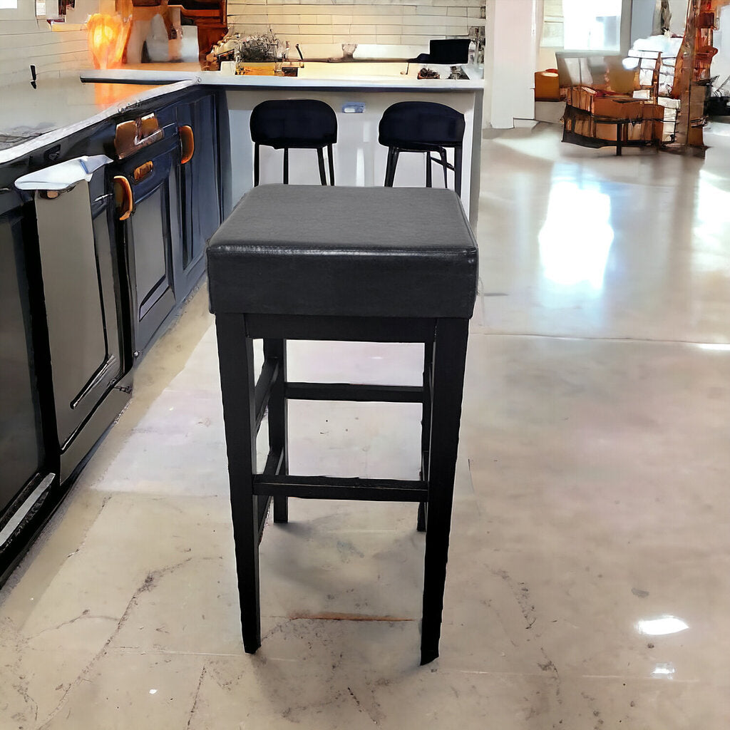 Black Vegan Leather and Wood Upholstered Barstool