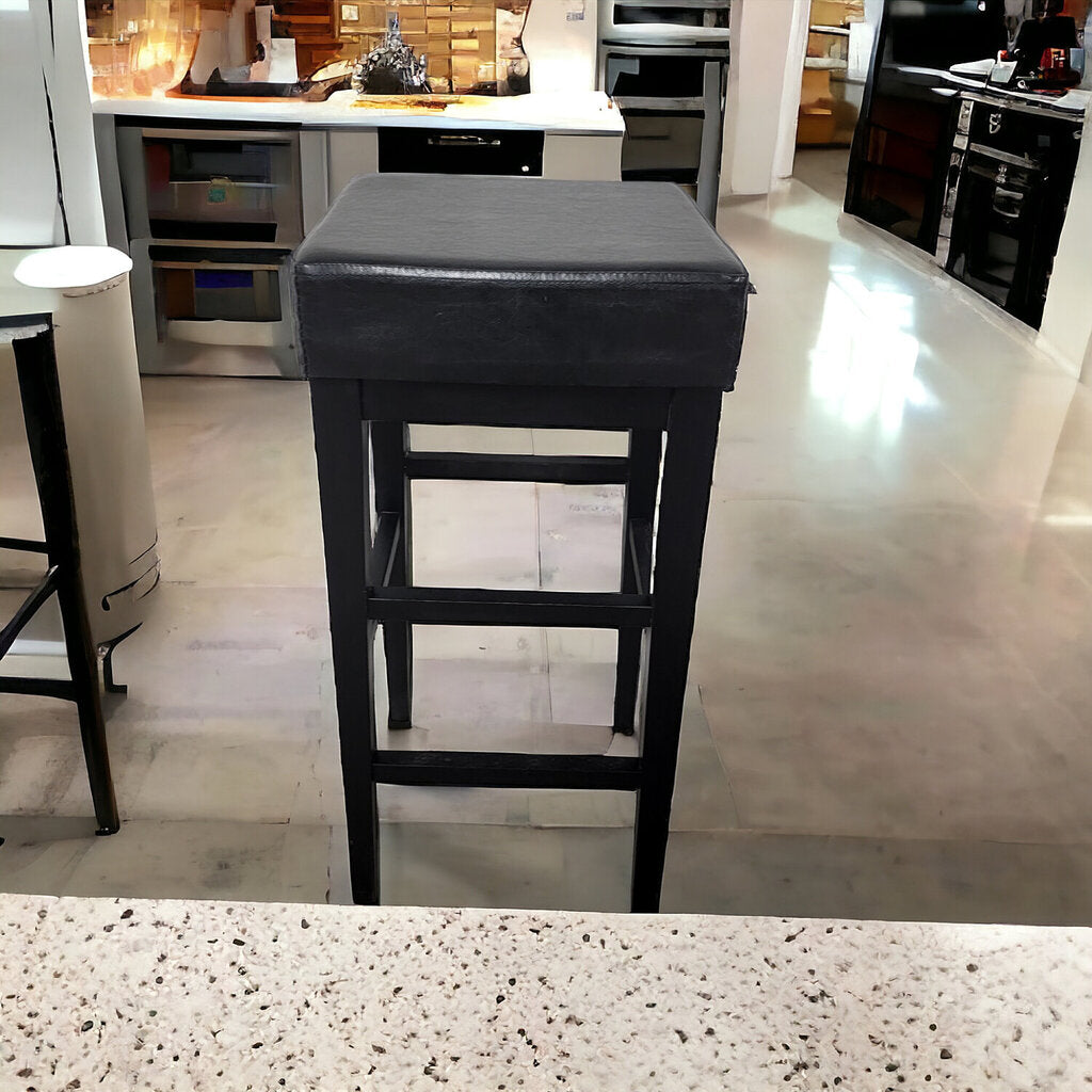 Black Vegan Leather and Wood Upholstered Barstool