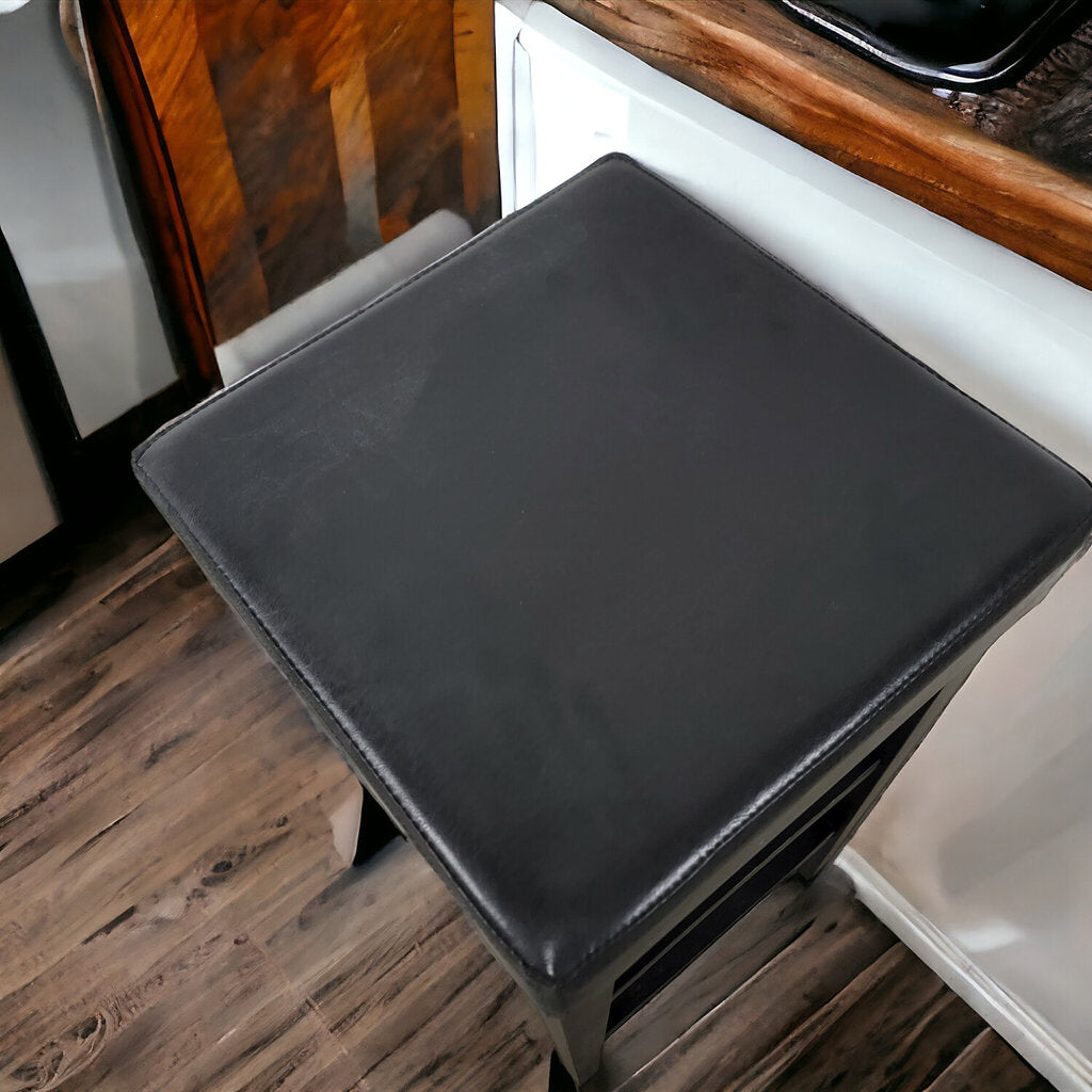 Black Vegan Leather and Wood Upholstered Barstool