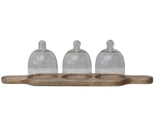 Mango Wood Serving Tray w/ 3 Glass Cloches & Handles