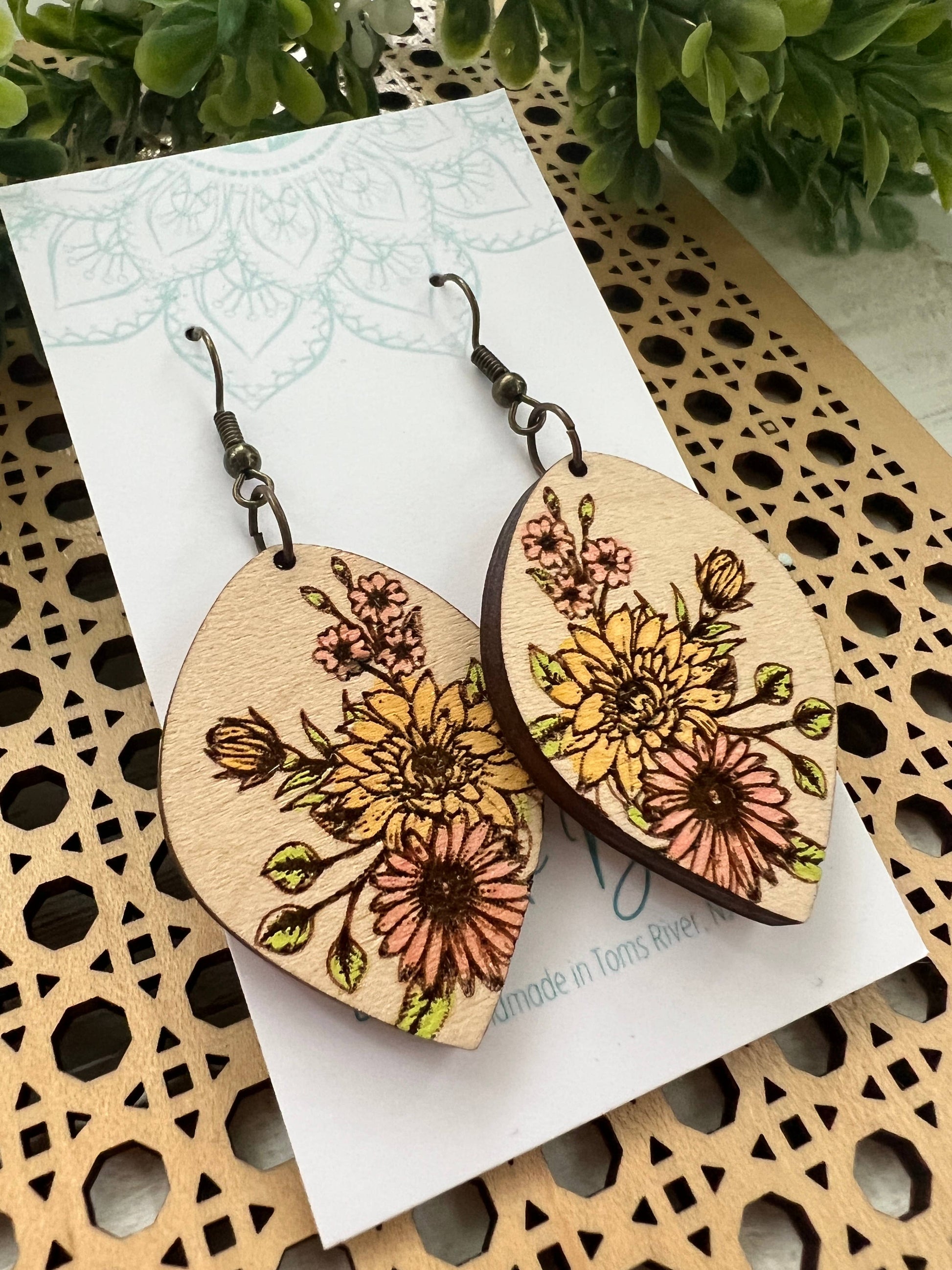 Floral bouquet hand painted lightweight wood earring