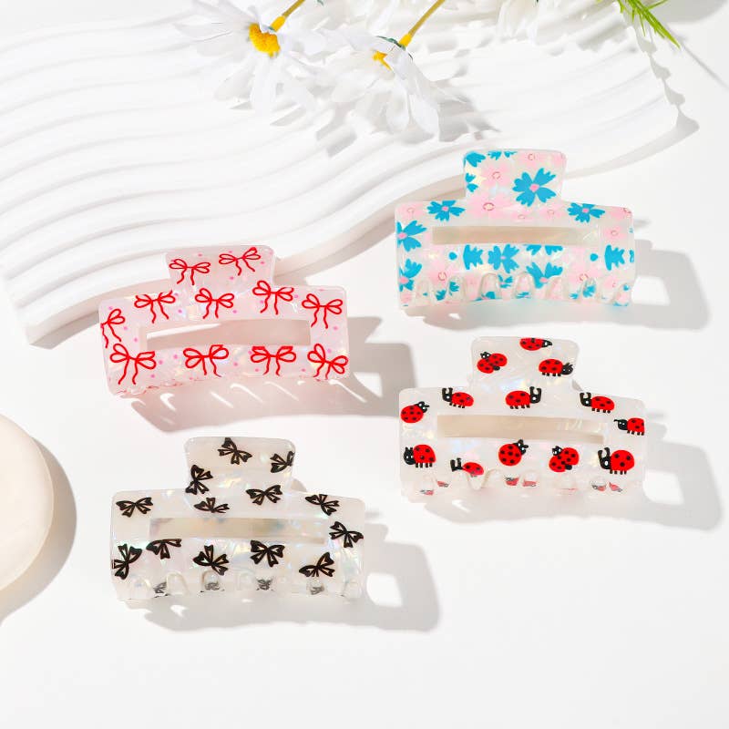Colorful Flower/Heart& Bow Print Hair Claw Clips
