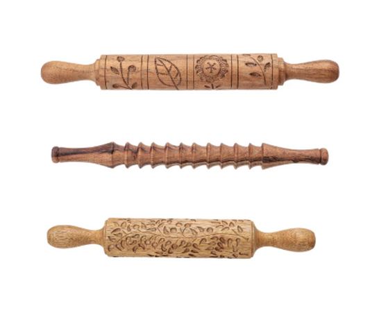 15" Hand-Carved Acacia Wood Rolling Pin, Natural