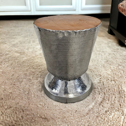 5217 Hammered Silver Drum Table with Wood Top