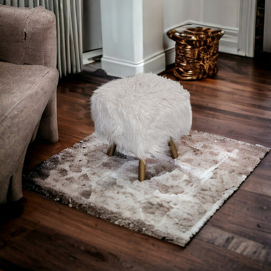 5227 White and Gold Faux Fur Ottoman