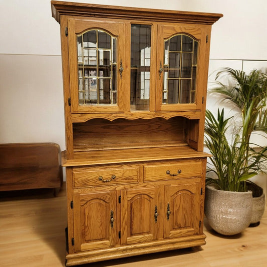 5307 Oak and Leaded Glass Lighted Hutch