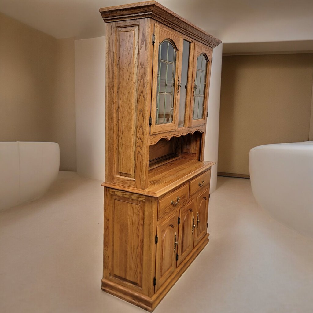 5307 Oak and Leaded Glass Lighted Hutch