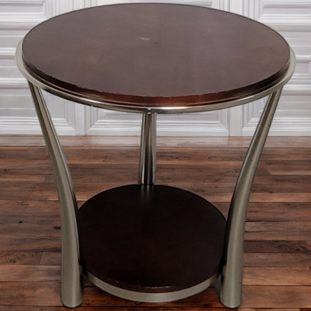 5605 Modern Round 2 Tier Chrome and Cherry Side Table