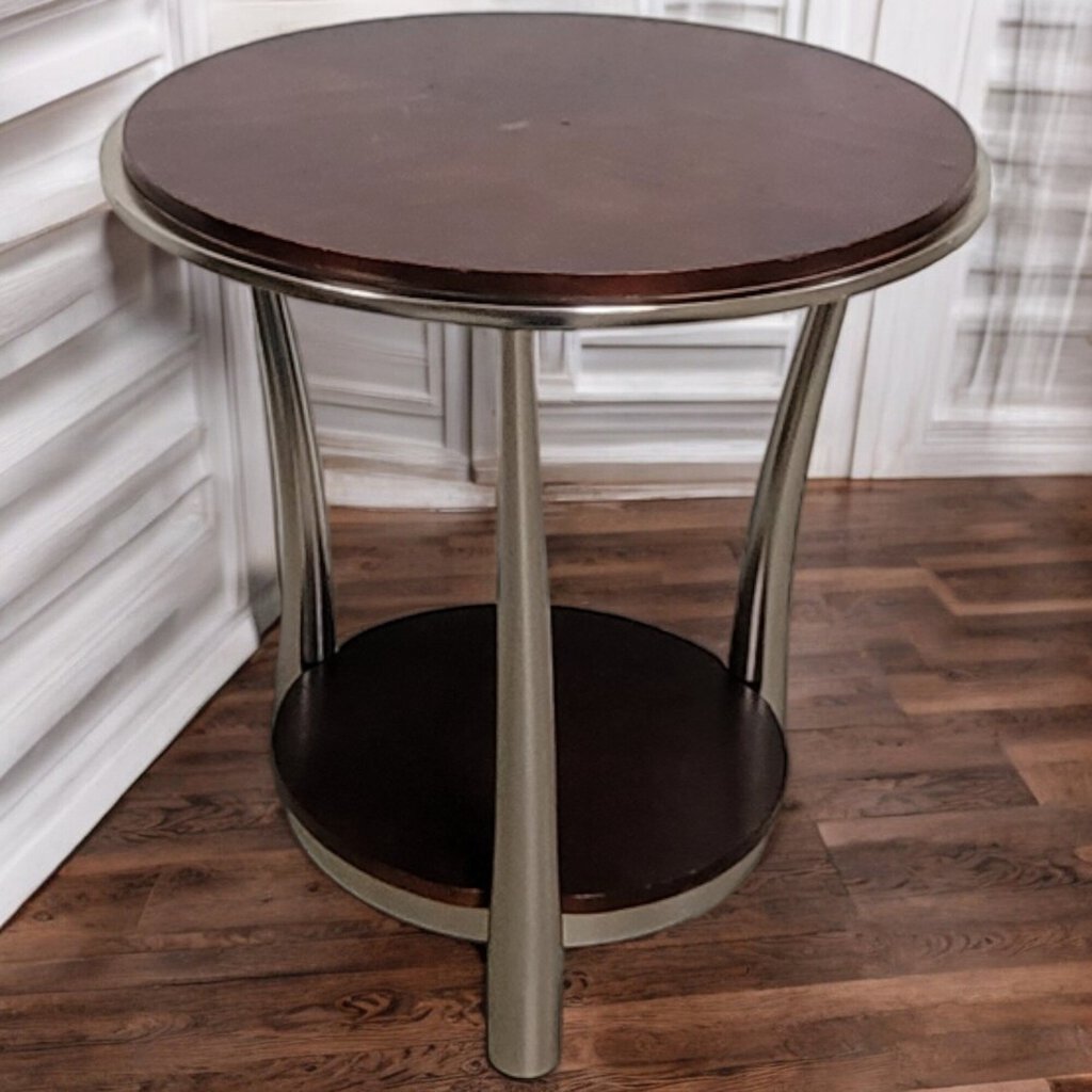 5605 Modern Round 2 Tier Chrome and Cherry Side Table