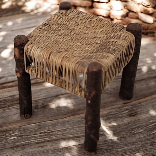 5827 Primitive Log Footstool with Rush Seat