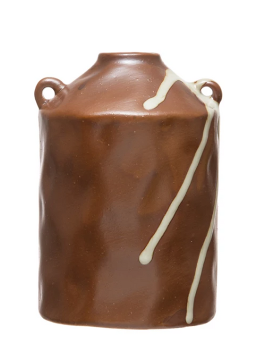 Brown & White Stoneware Vase w/ Handles | Drip Glaze