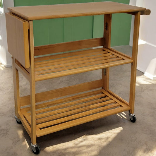 5980 Natural Wood Folding and Rolling Kitchen Cart and Knife Rack