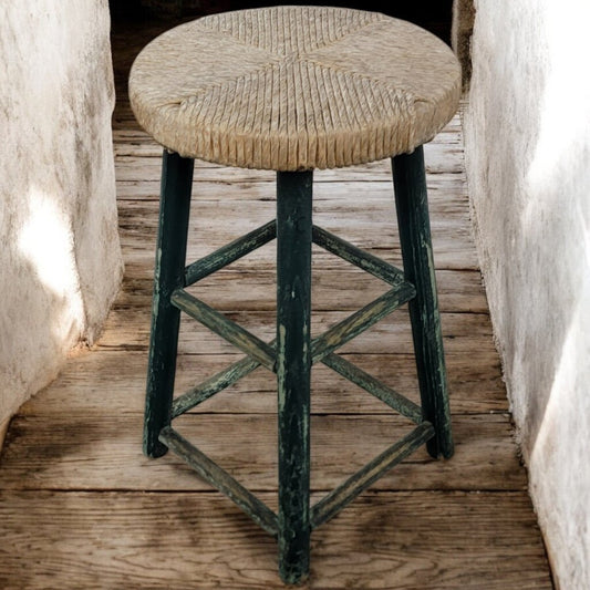 5986 Green Wood Barstool with Rush Seat