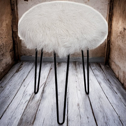 6076 Fuzzy White #Stool with Hairpin Legs