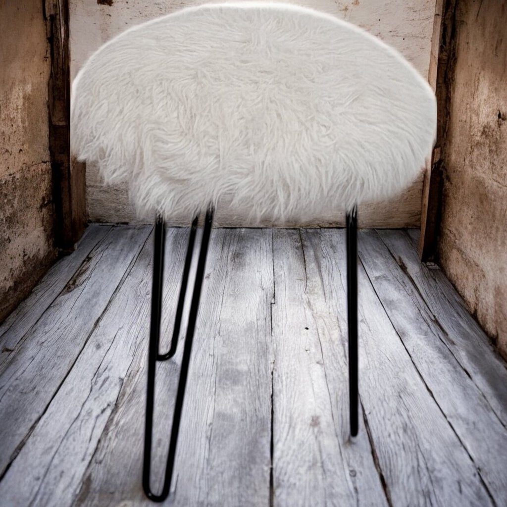 6076 Fuzzy White #Stool with Hairpin Legs