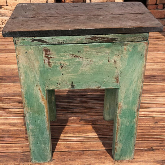 6111 Distressed Wood and Green Mexican Side Table