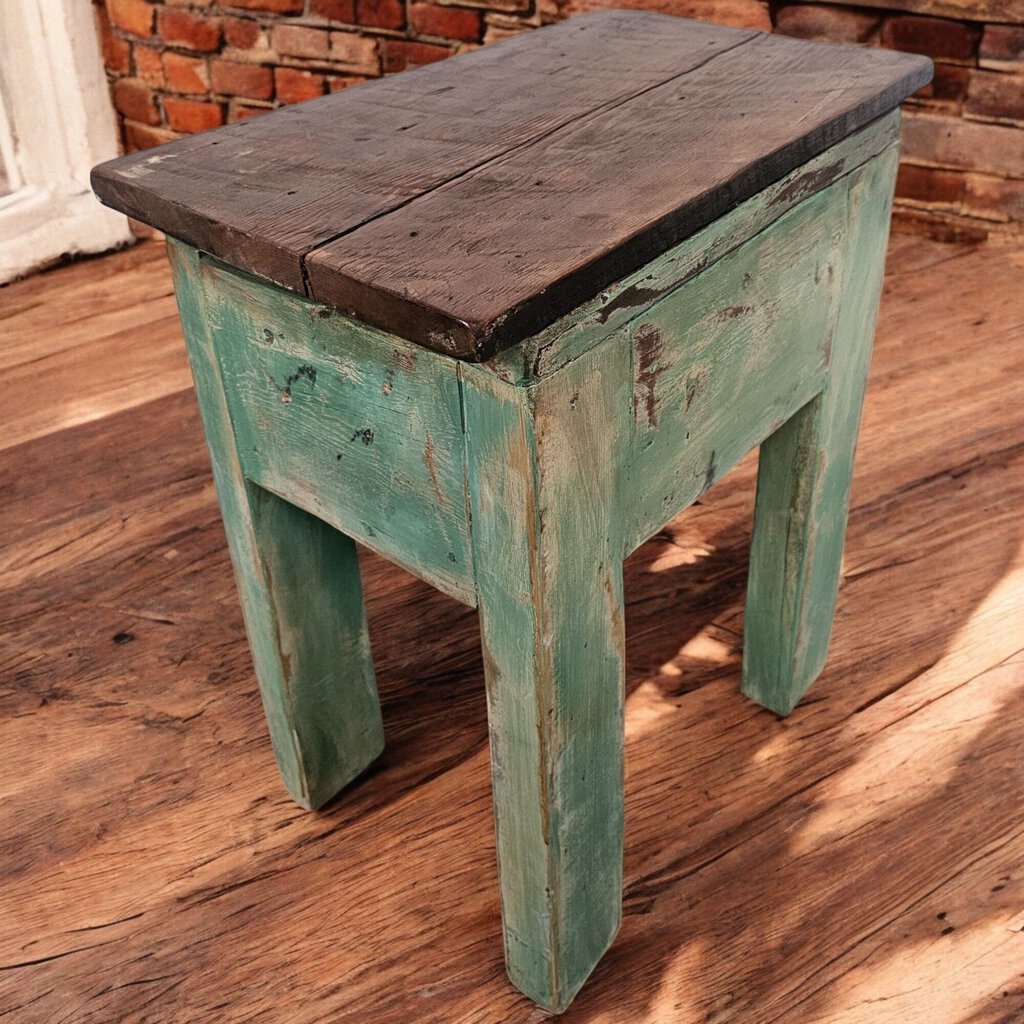 6111 Distressed Wood and Green Mexican Side Table