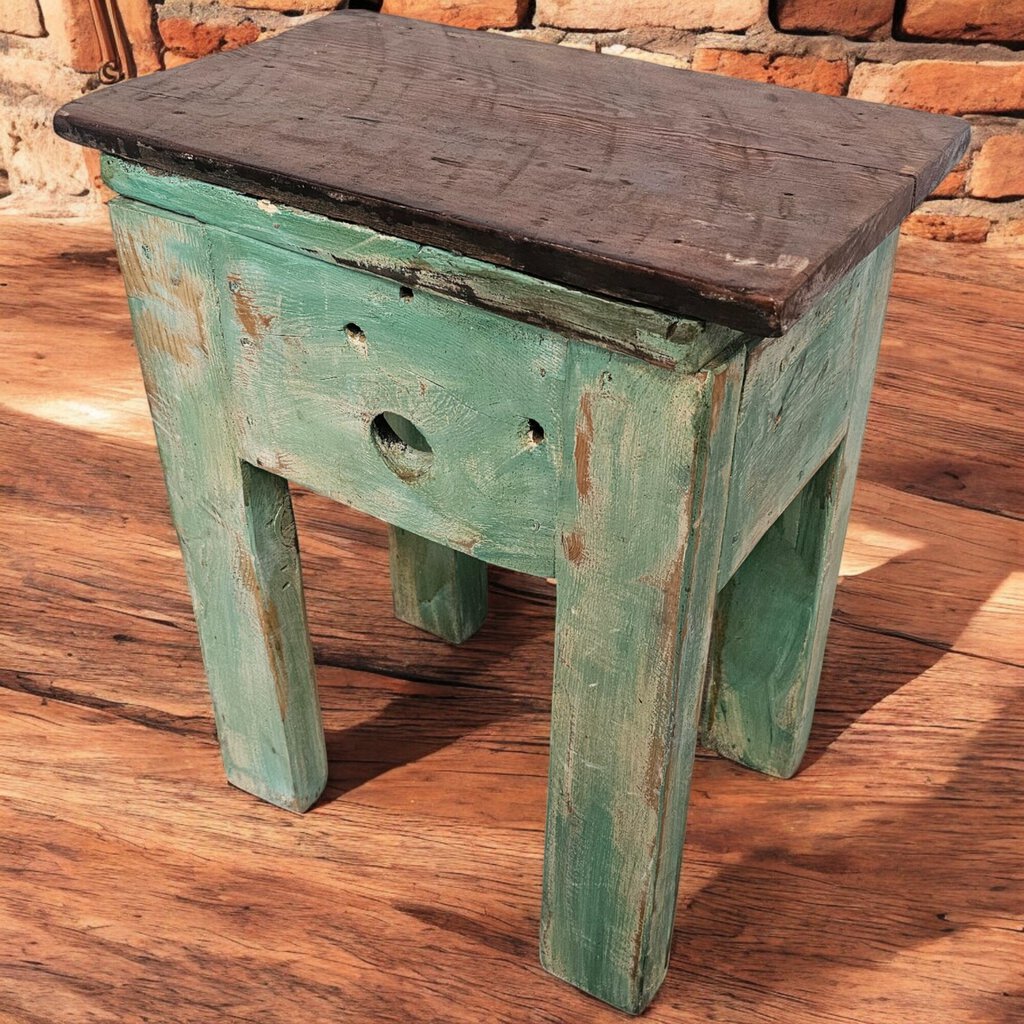 6111 Distressed Wood and Green Mexican Side Table