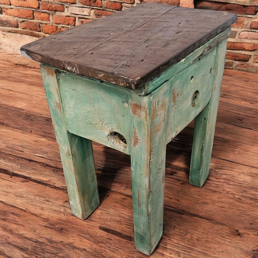 6111 Distressed Wood and Green Mexican Side Table