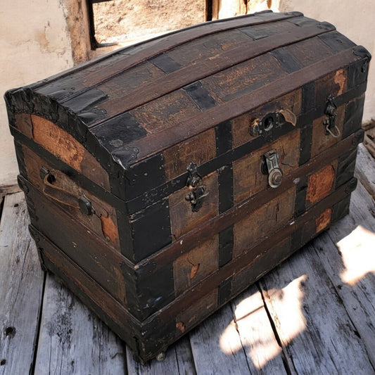 6160 Vintage Oak and Metal Steamer #Trunk on Wheels