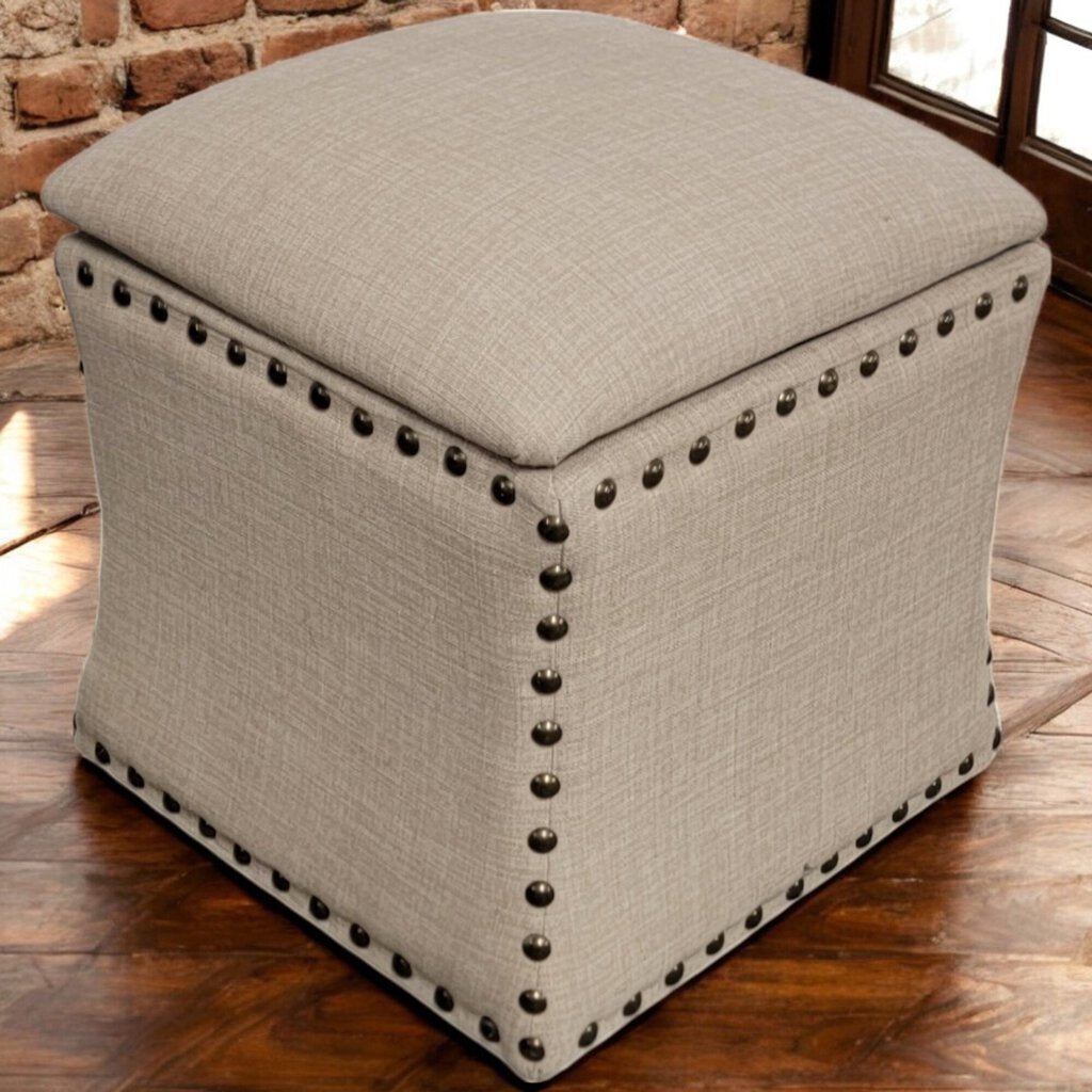 6170 Beige Tweed Storage #Ottoman w ith Nailhead Trim