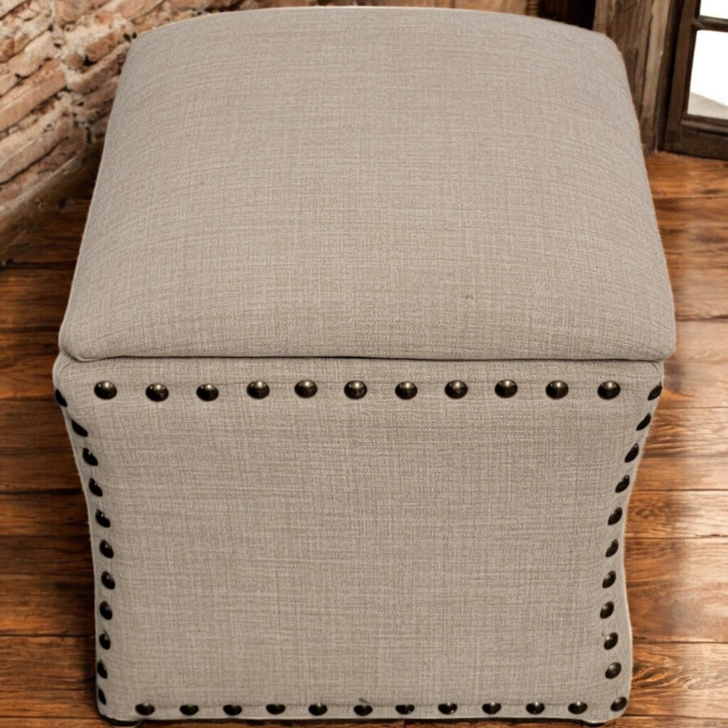 6170 Beige Tweed Storage #Ottoman w ith Nailhead Trim