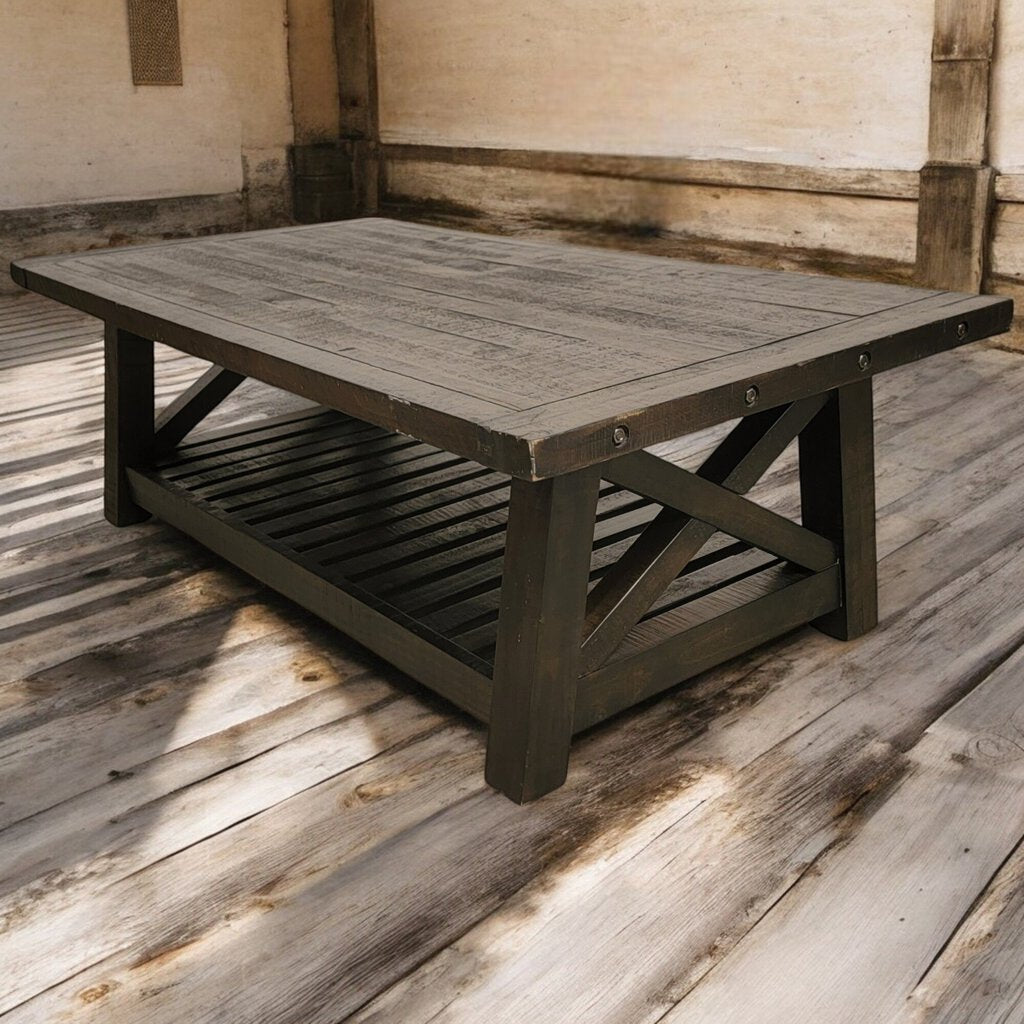 6251 Espresso Farmhouse Coffee Table w Shelf