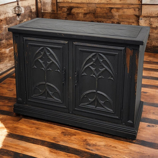 6571 Black Distressed Gothic Style Wood and Slate Console Cabinet