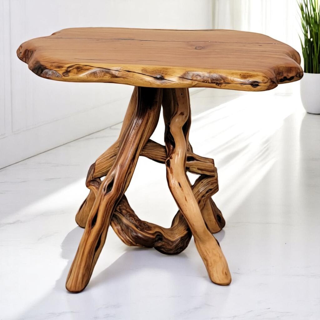 6632 Oval Mesquite Wood Slab and Branches Side #Table with Malachite Inlay