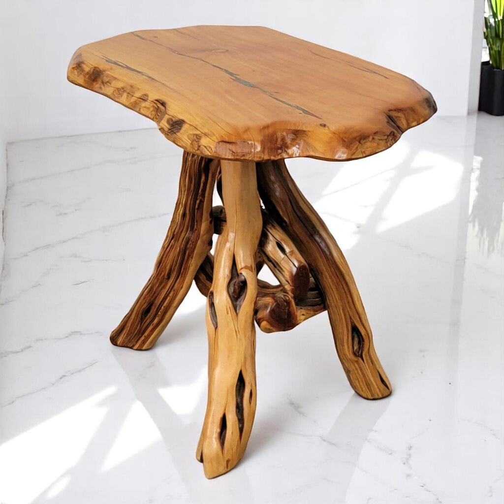 6632 Oval Mesquite Wood Slab and Branches Side #Table with Malachite Inlay