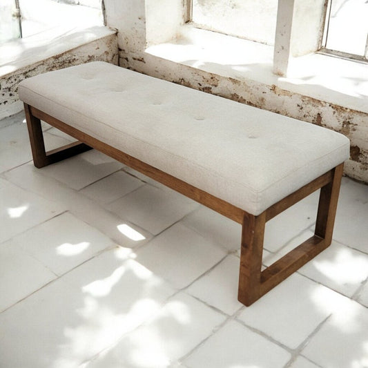 6745 Beige and Wood Tufted 3 Seater Bench