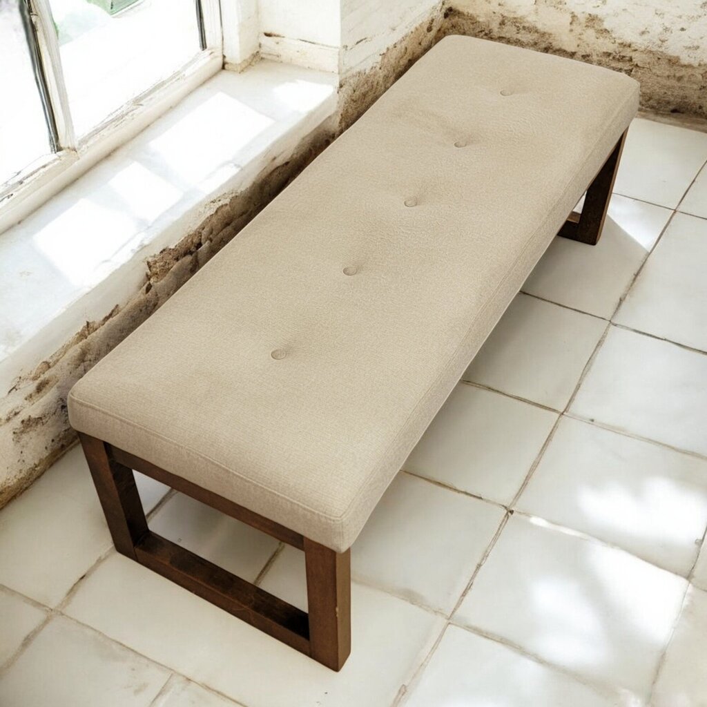 6745 Beige and Wood Tufted 3 Seater Bench