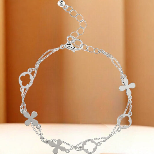Silver Brass Flower Clover Chain Bracelet Used * Gifts & Speciality