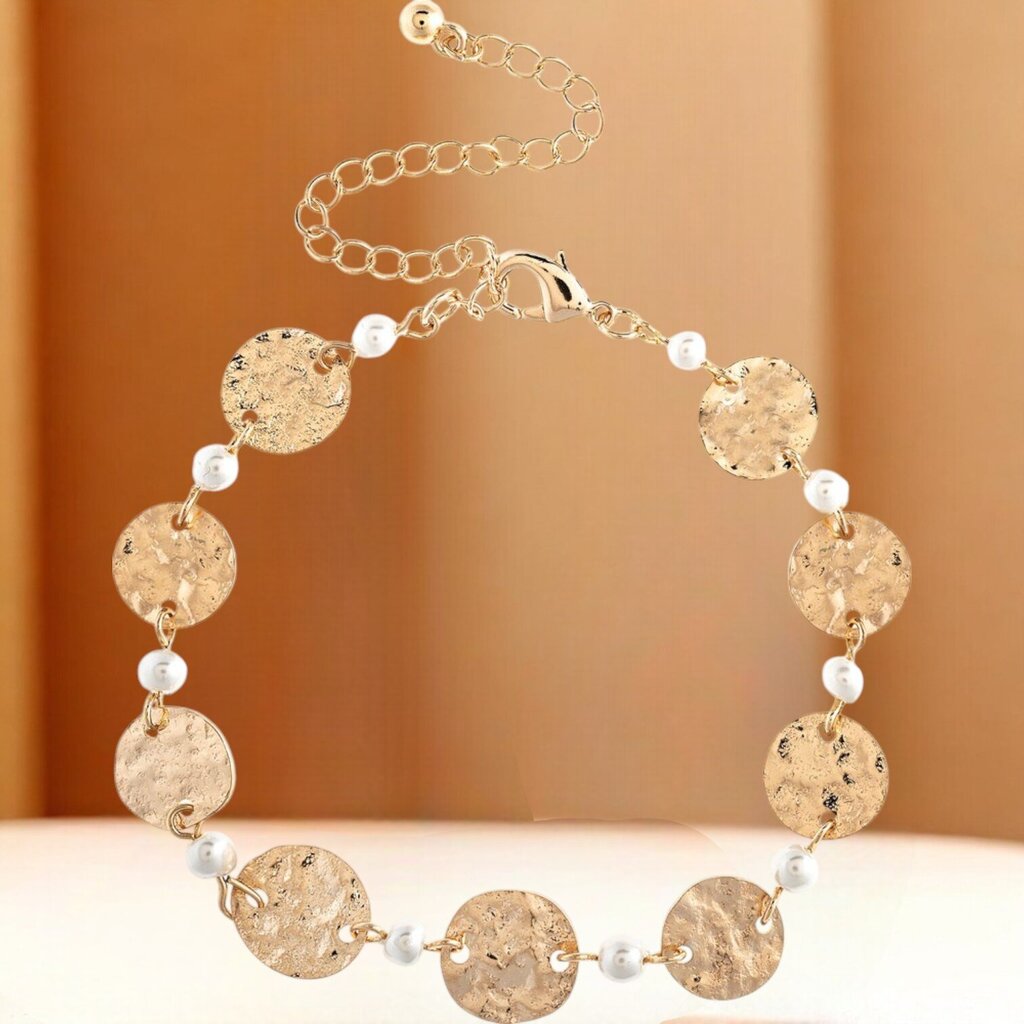 Gold Faux Pearl Hammered Disc Link BR Used * Gifts & Speciality