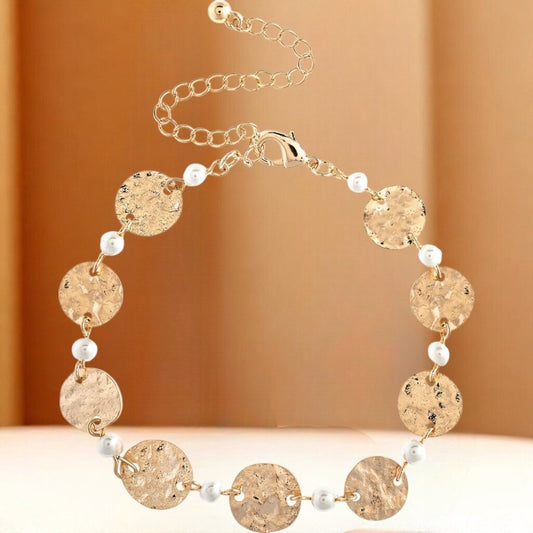 Gold Faux Pearl Hammered Disc Link BR
