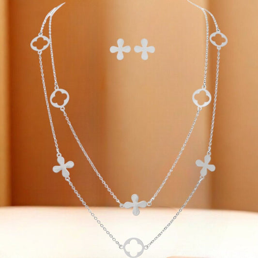 Silver Brass Flower Clover Chain Necklace