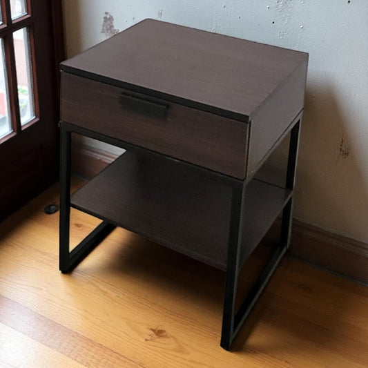 6884 Black Metal and Woodgrain Nightstand with Drawer