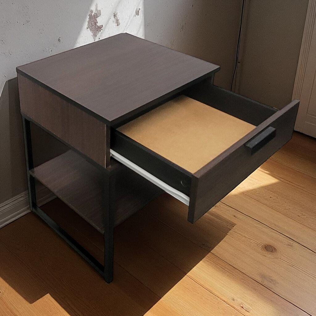 6884 Black Metal and Woodgrain Nightstand with Drawer ~ Furniture