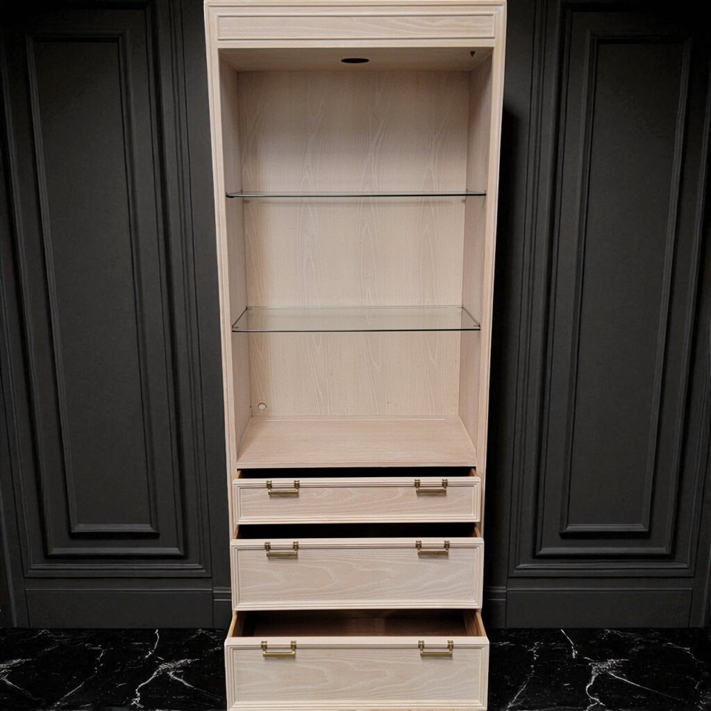 6989 Drexel White Washed Cabinet with Glass Shelves and Light