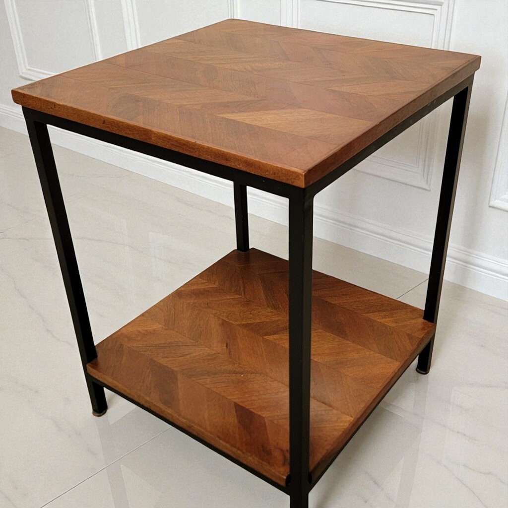 7039 Metal and Parquet Wood 2 Tier Side Table