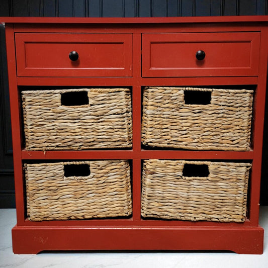 7044 Red 2 Drawer Storage #Cabinet with 4 Wicker Baskets