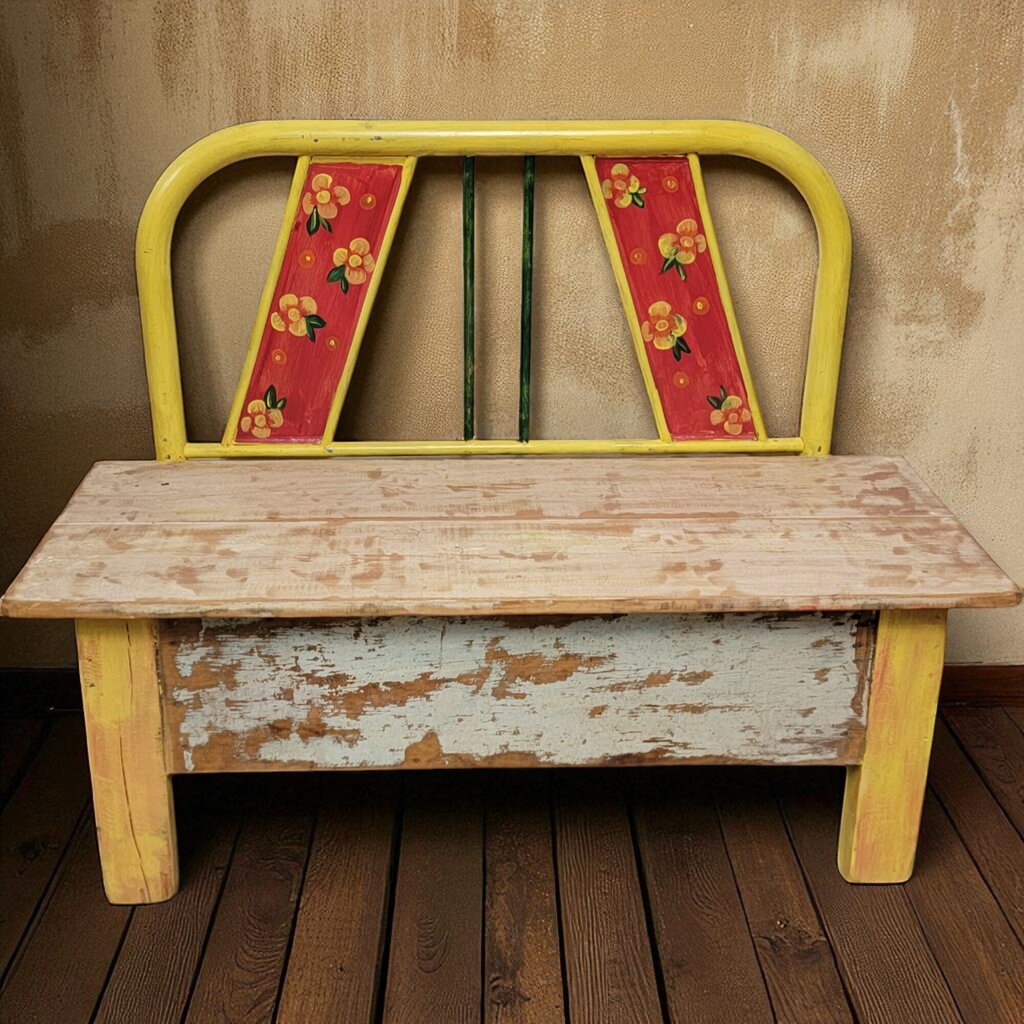 7080 Yellow Rustic Mexican Handmade Metal Headboard Wood Bench Used ~ FURNITURE