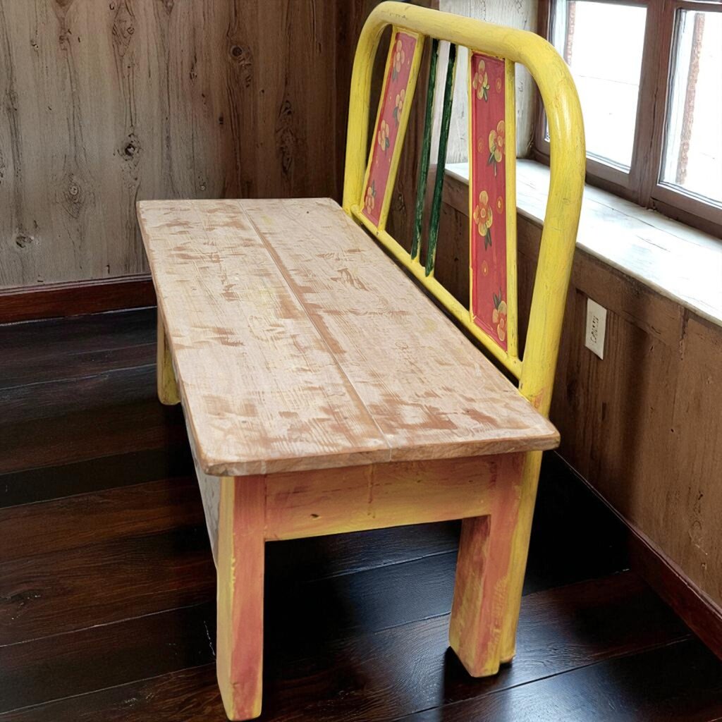 7080 Yellow Artsy Metal Headboard Wood Bench ~ Furniture