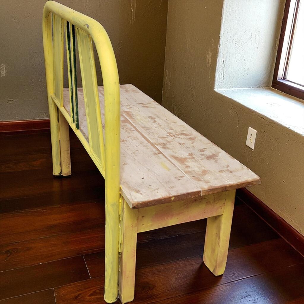 7080 Yellow Artsy Metal Headboard Wood Bench ~ Furniture